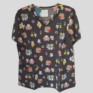 Cherokee Medical Uniforms Nurse Scrub V Neck 4 Pocket Whimsical Cats Scrub Top L